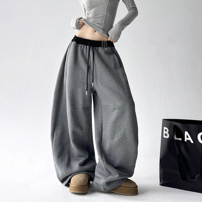 慵懒风休闲加绒加厚卫裤女2025冬季新款高腰抽绳高级感拖地弯刀裤
