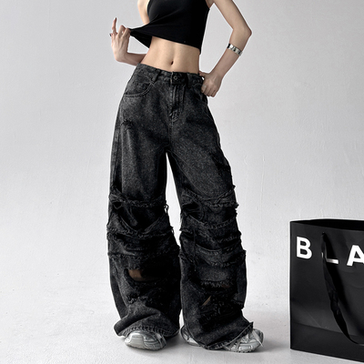 黑色重工复古破洞牛仔裤女2025夏季新款美式高街宽松直筒阔腿裤