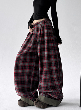 巨好看加绒格子休闲裤女2025冬季新款慵懒风跳舞高个子直筒阔腿裤