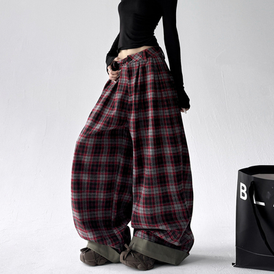 巨好看加绒格子休闲裤女2025冬季新款慵懒风跳舞高个子直筒阔腿裤