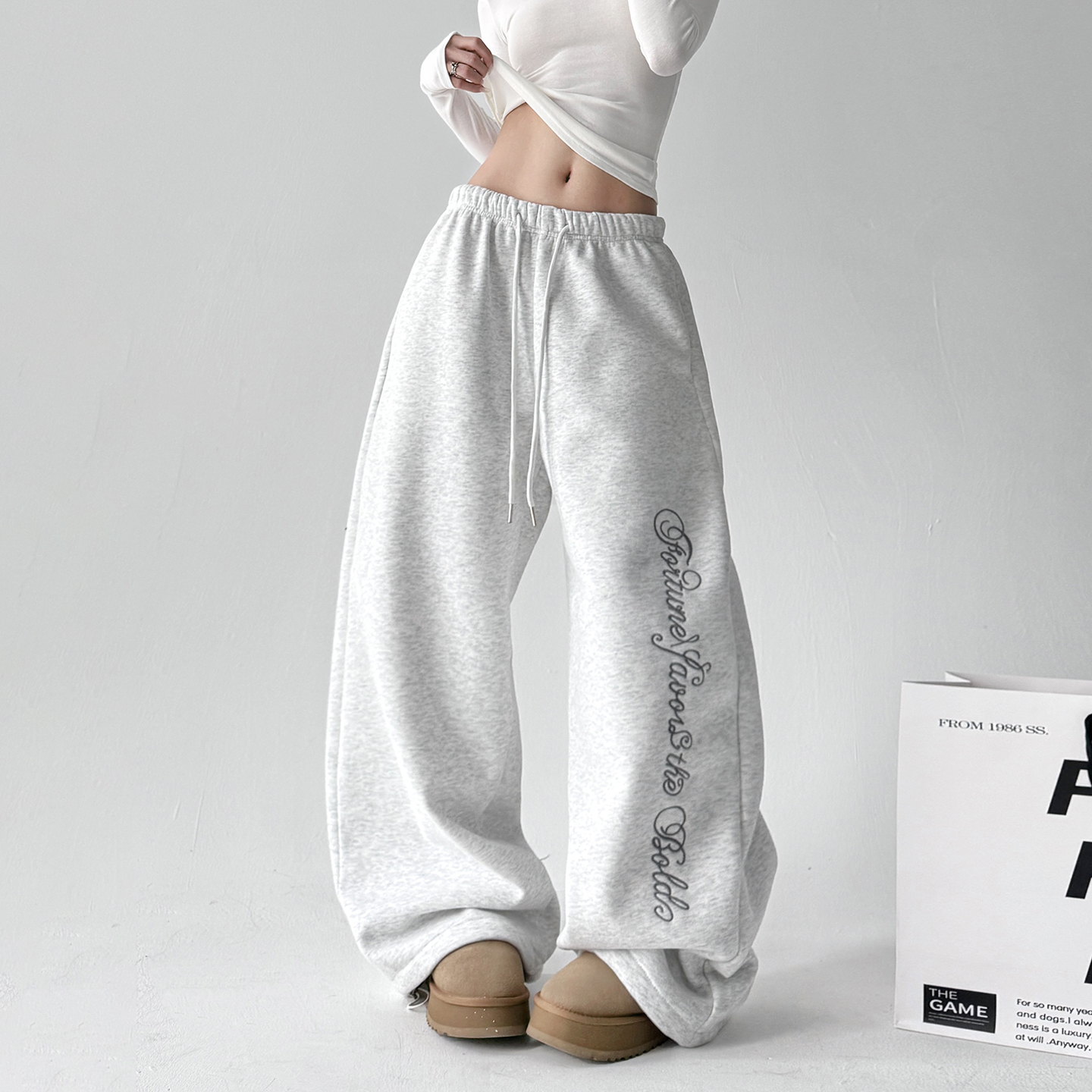 街舞松弛香蕉跳舞嘻哈运动裤女宽松抽绳美式街头白灰色休闲裤加绒