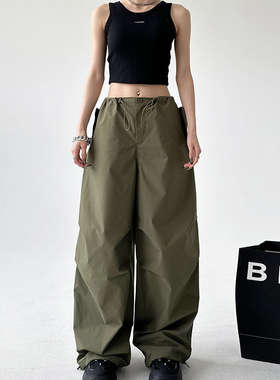 美式辣妹军绿色工装裤女2025年夏季抽绳阔腿裤宽松运动裤休闲裤