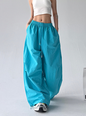 春夏新款原创基础百搭蓝色阔腿裤女2025超火秋装休闲直筒裤运动裤