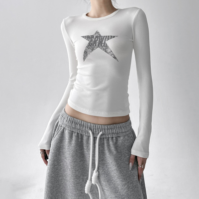 今年流行2025秋冬圆领打底衫女网红爆款上衣星星学院修身长袖T恤