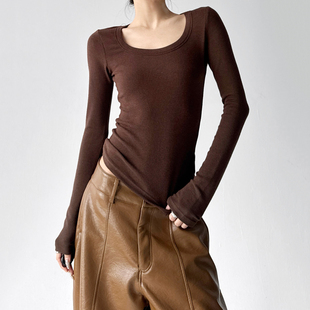 2025年秋冬加绒大U领紧身上衣女低胸性感长袖打底衫锁骨T恤