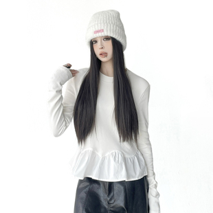 T恤女设计感拼接时尚 圆领荷叶边长袖 百搭上衣潮 2025新款 冬季