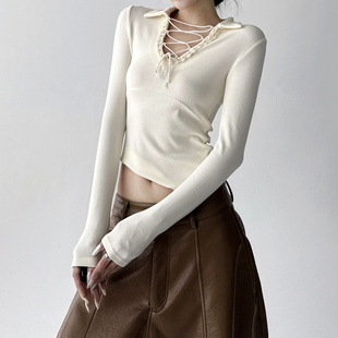 长袖 甜辣妹系v领打底衫 内搭修身 新款 t恤巨好看别致上衣 女2025冬季