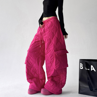 女2025秋冬装 裤 新款 休闲工装 松紧显瘦夹棉裤 巨好看玫红色阔腿卫裤