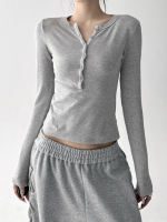 A new grey autumn/winter collection with a row of buttons, a slimming women's Henley collar and fleece long-sleeved T-shirt as the base layer thumbnail 7