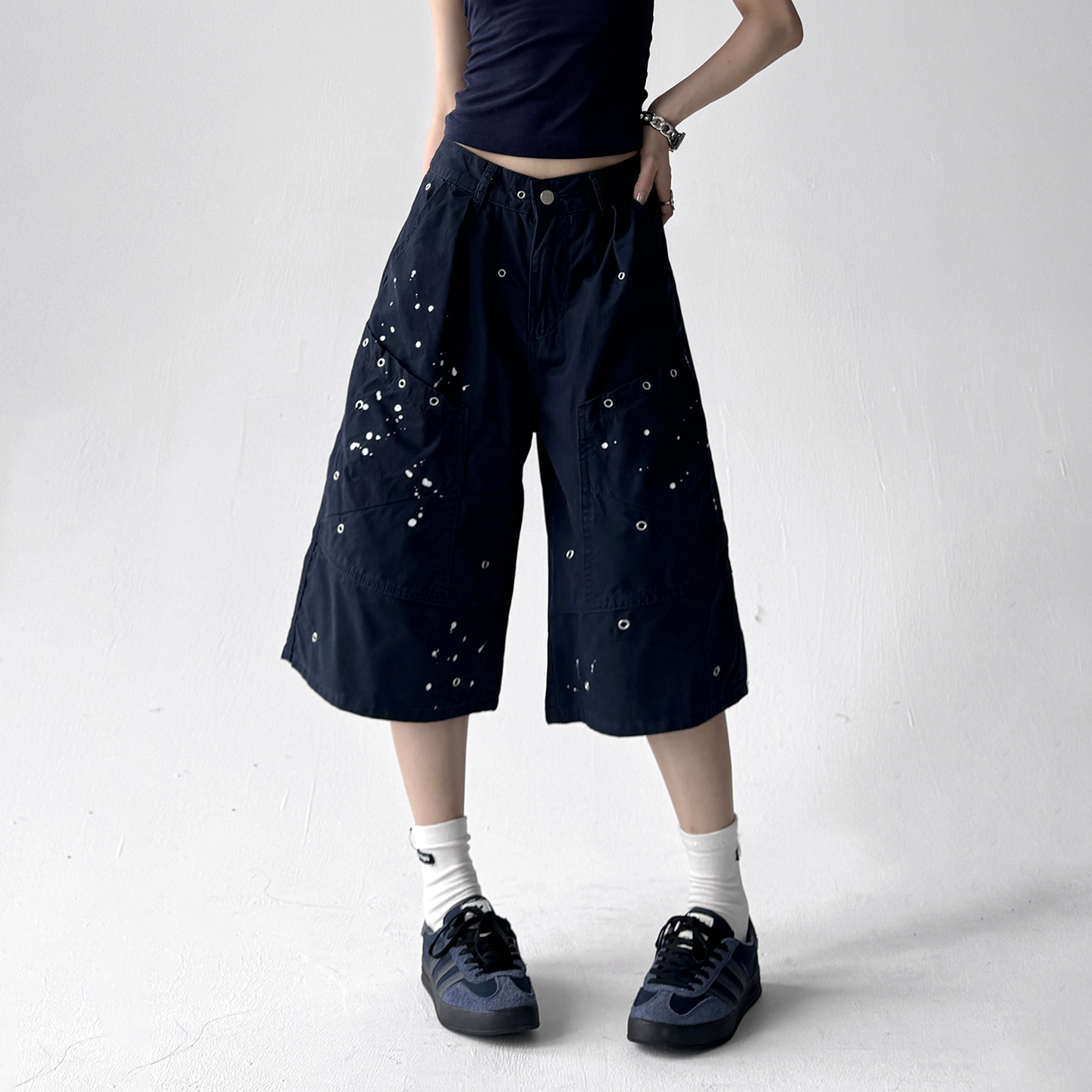 2025夏季新款泼墨阔腿裤女宽松显瘦高个子休闲七分裤百搭工装裤潮