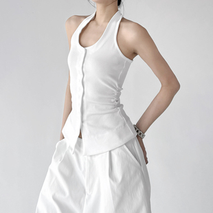 美式辣妹单排扣褶皱吊带背心女2026夏装新款修身显瘦收腰外穿上衣