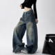 蓝色今年流行水洗重工牛仔裤 高腰街舞别致阔腿裤 女2025春秋季 新款