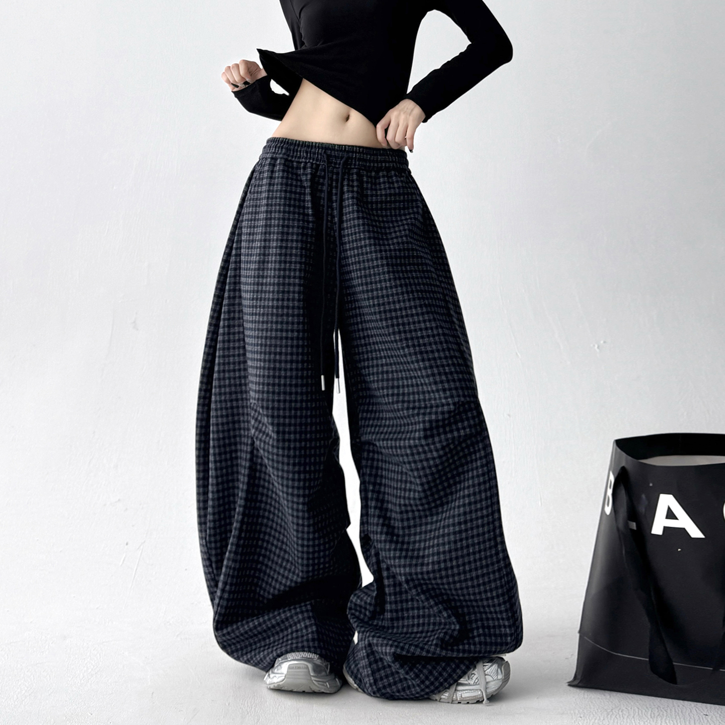 韩系穿搭格子裤女2025春秋季新款设计感秋冬高个子宽松慵懒休闲裤