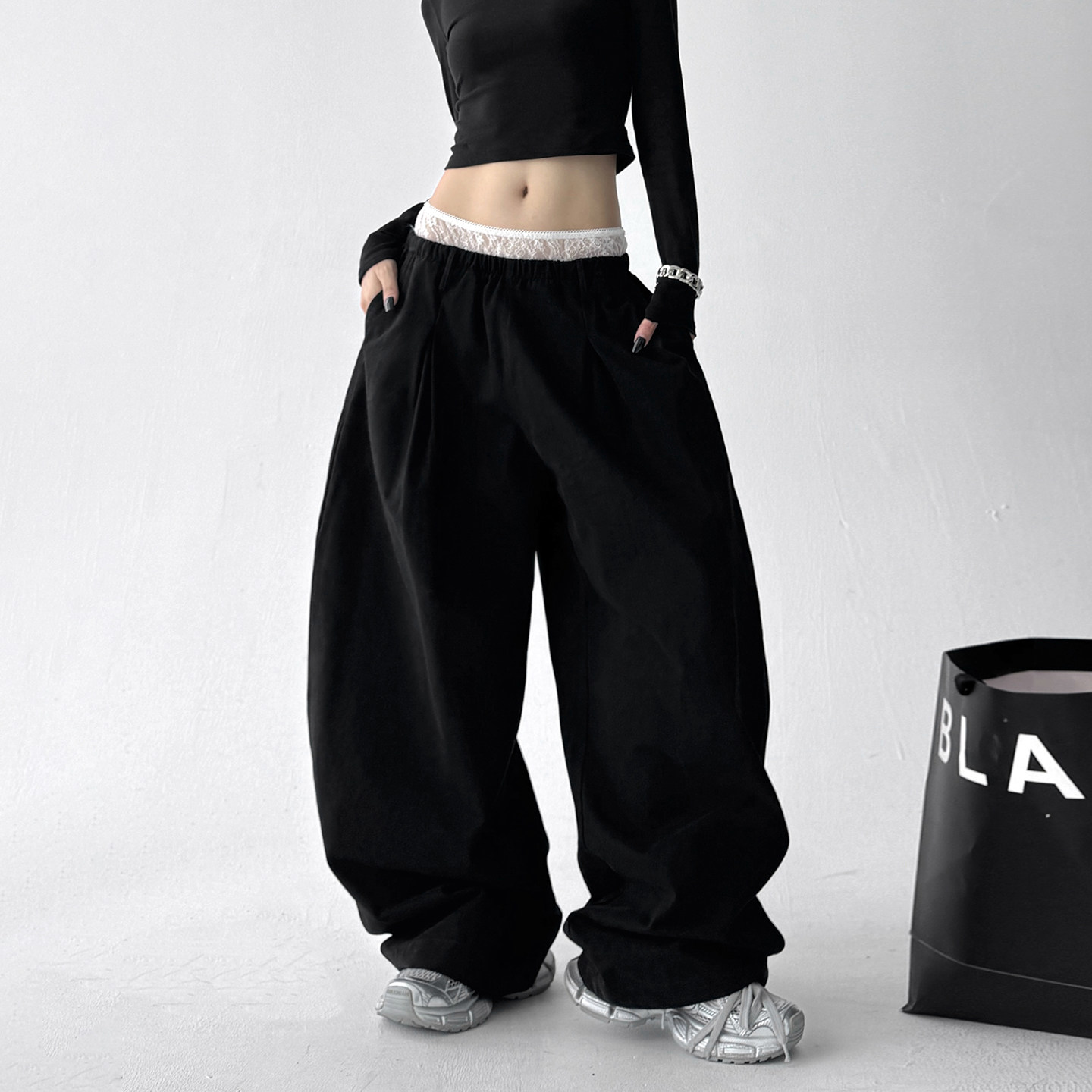 2025超火秋装新款蕾丝休闲裤女早秋时髦韩系百搭宽松bf休闲直筒裤,女装/女士精品,休闲裤,淘宝优惠券,粉丝福利购,淘宝优惠卷