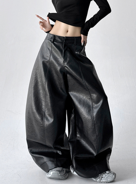 黑色皮裤女2025秋冬新款复古重工高腰显瘦百搭休闲弯刀PU皮阔腿裤