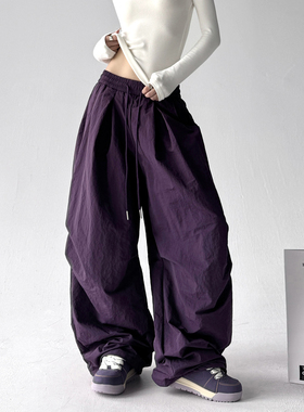 2025秋冬街头美式加绒工装裤女户外登山紫色休闲抽绳降落伞阔腿裤