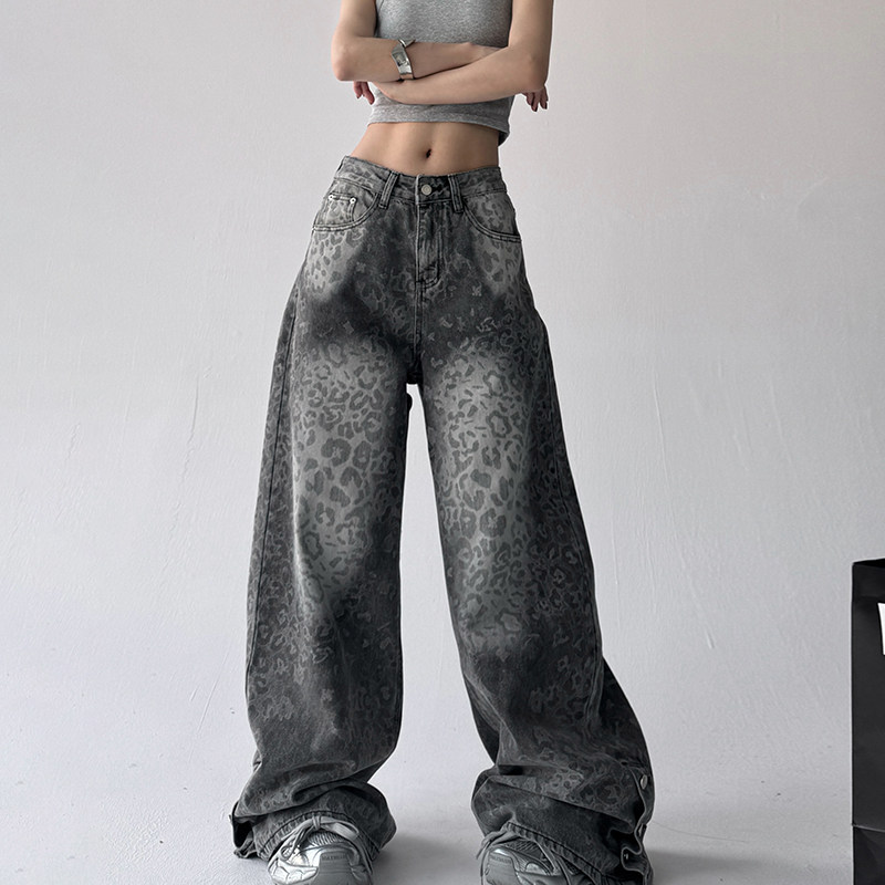 美式复古设计感豹纹阔腿牛仔裤女2025早春新款宽松显瘦拖地直筒裤,女装/女士精品,牛仔裤,淘宝优惠券,粉丝福利购,淘宝优惠卷