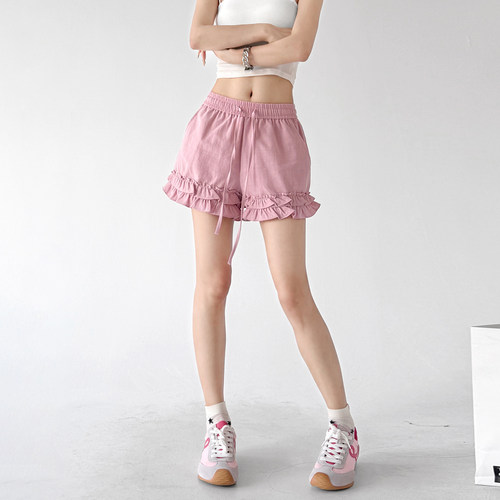 甜美风粉色木耳边短裤女2026夏天新款松紧腰抽绳宽松显瘦休闲裤