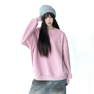 美拉德加绒卫衣女圆领慵懒风高级感2025冬季 宽松别致套头上衣 新款