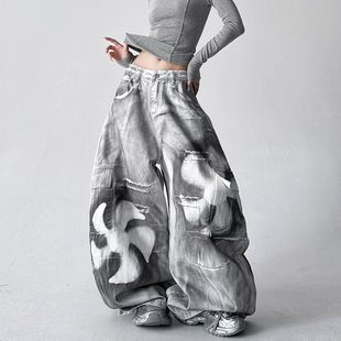 女宽松显瘦百搭直筒阔腿长裤 喷漆印花休闲裤 子 冬季 2025新款