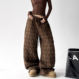 阔腿保暖防寒遮肉显瘦休闲棉裤 新款 女2025冬季 菱格加棉格子卫裤