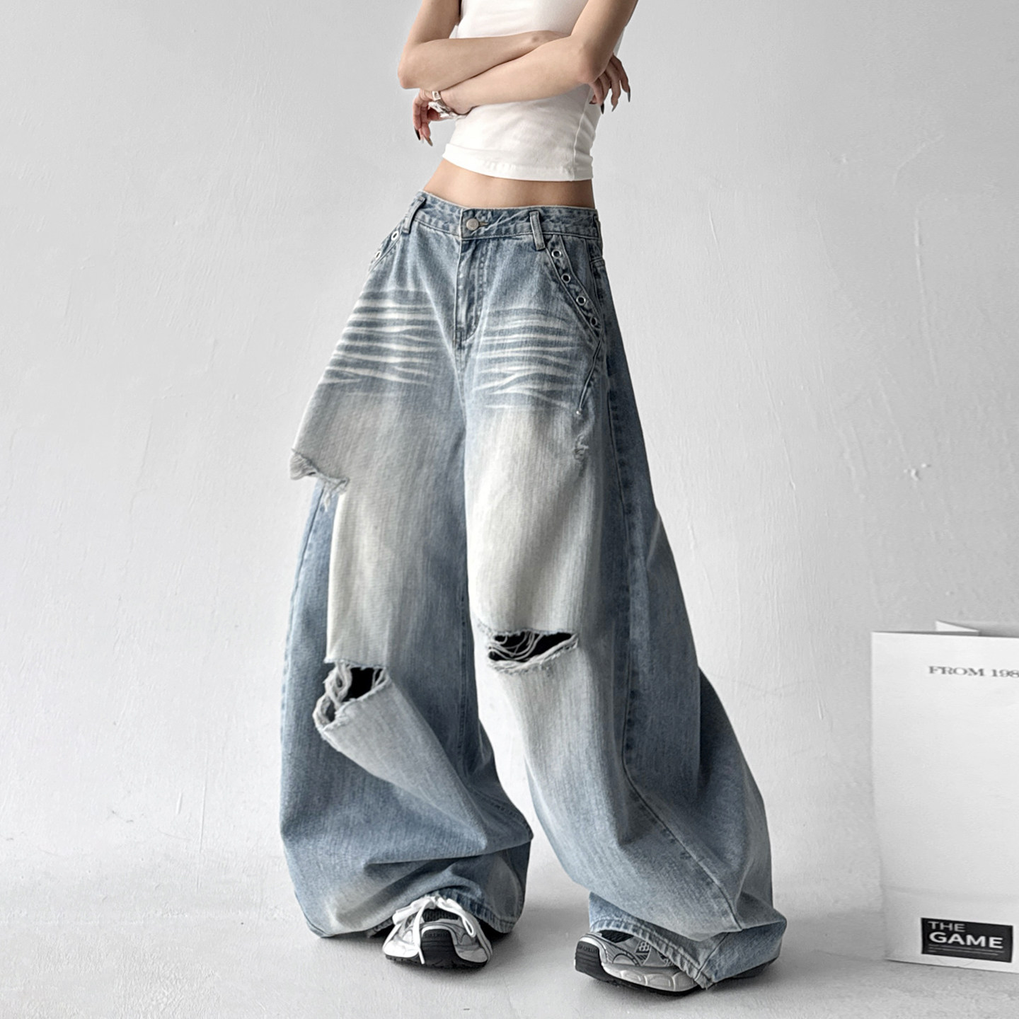 美式复古破洞牛仔裤女2026春秋装新款宽松阔腿拖地裤高街风长裤子,女装/女士精品,牛仔裤,淘宝优惠券,粉丝福利购,淘宝优惠卷