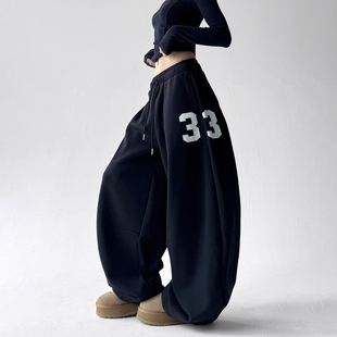 加绒宽松街舞显瘦直筒阔腿运动休闲裤 新款 女2025冬季 数字印花卫裤