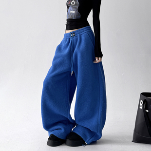 加厚加绒摇粒绒气质高腰宽松休闲运动裤 新款 子 女2025秋冬季 阔腿裤
