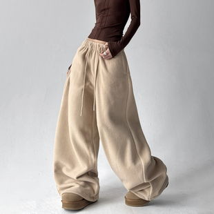 高个子卡其色加绒加厚裤 新款 女潮2025冬装 高腰显瘦直筒阔腿卫裤