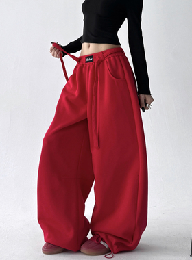 韩版2025新款高腰美式高腰抽绳宽松百搭直筒卫裤休闲阔腿裤女