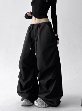 黑色街头阔腿工装裤女2025新款春秋高腰宽松显瘦休闲高街降落伞裤
