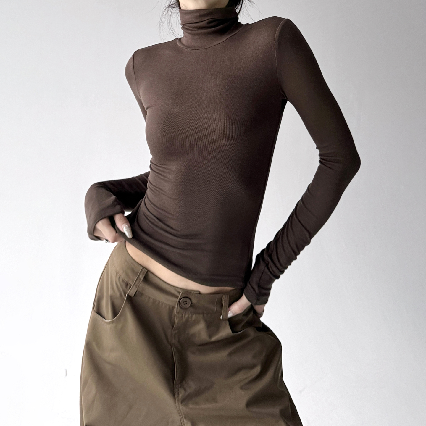 深咖美拉德堆堆领正肩T恤女2025冬装新款保暖打底衫简约高级上衣