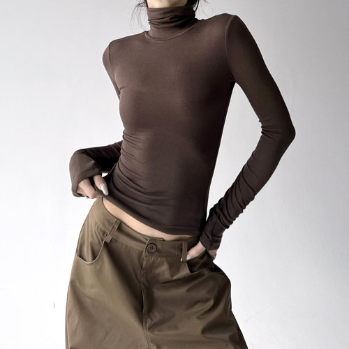 深咖美拉德堆堆领正肩T恤女2025冬装新款保暖打底衫简约高级上衣