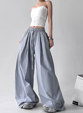 美式蓝色竖条纹裤子女2025夏季新款街舞松弛感宽松直筒休闲工装裤