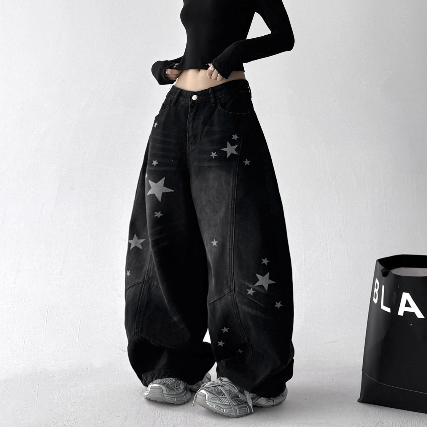 重工水洗牛仔裤女2025新款春秋高腰显瘦直筒宽松设计感休闲阔腿裤