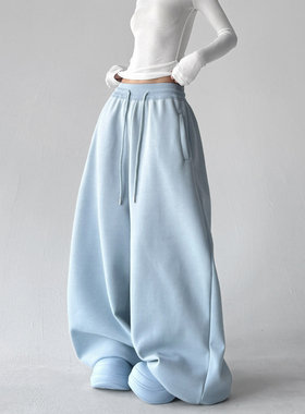 美式复古辣妹蓝色休闲阔腿卫裤女冬季2025新款高腰宽松直筒运动裤