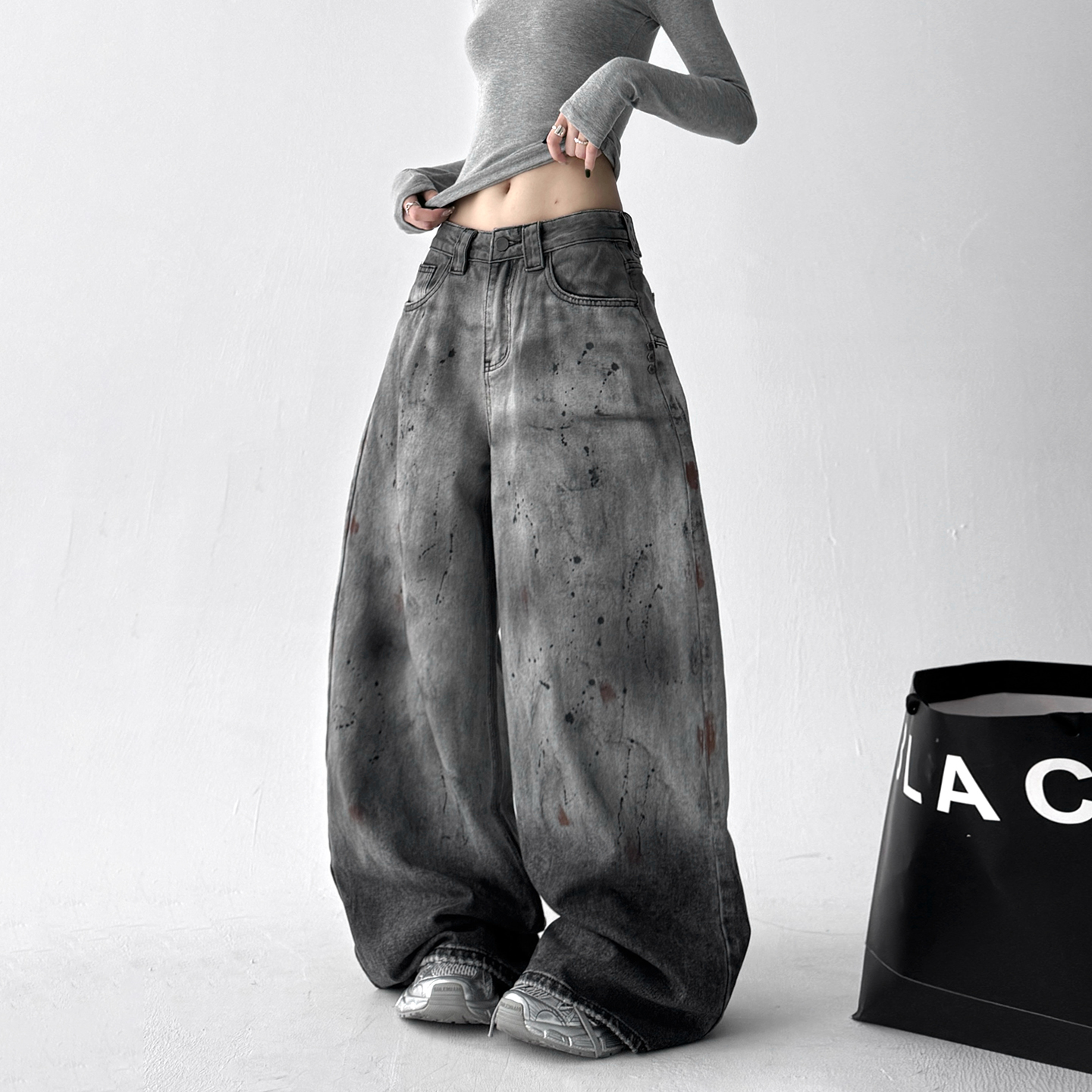高级感泼墨涂鸦牛仔裤女2025新款春秋高腰宽松阔腿裤拖地休闲裤子