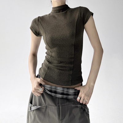 高级感辣妹半高领短袖T恤女