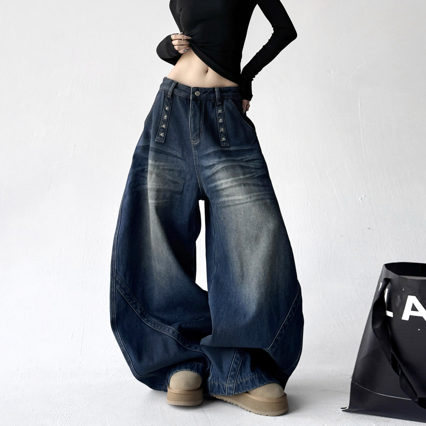 街舞蓝色加绒直筒牛仔裤女2025秋冬新款休闲宽松显瘦阔腿弯刀裤子,女装/女士精品,牛仔裤,淘宝优惠券,粉丝福利购,淘宝优惠卷