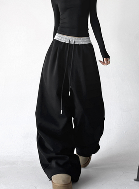 黑色高腰卫裤女2025冬季新款宽松显瘦直筒阔腿裤街头休闲运动裤