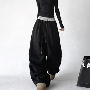 街头休闲运动裤 黑色高腰卫裤 宽松显瘦直筒阔腿裤 新款 女2025冬季