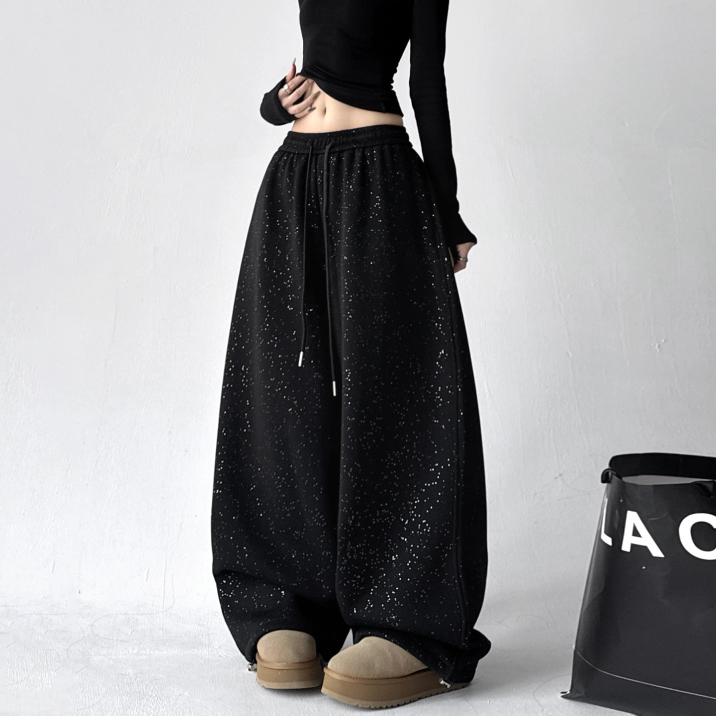 黑色加绒阔腿裤女2025秋冬装新款高腰宽松垂感显瘦高级感休闲裤子,女装/女士精品,卫裤,淘宝优惠券,粉丝福利购,淘宝优惠卷