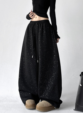 黑色加绒阔腿裤女2025秋冬装新款高腰宽松垂感显瘦高级感休闲裤子