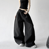 女2026春秋装 新款 宽松显瘦百搭休闲裤 黑色高腰阔腿裤 暗黑风长裤 子