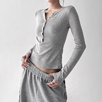 A new grey autumn/winter collection with a row of buttons, a slimming women's Henley collar and fleece long-sleeved T-shirt as the base layer thumbnail 2