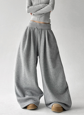 加绒松紧宽腰边抽绳宽松休闲裤女2025冬款新款百搭拖地裤阔腿裤