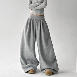 加绒松紧宽腰边抽绳宽松休闲裤女2025冬款新款百搭拖地裤阔腿裤