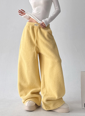 黄色摇粒绒阔腿裤女秋冬2025超火新款加绒棉裤女士宽松保暖休闲裤