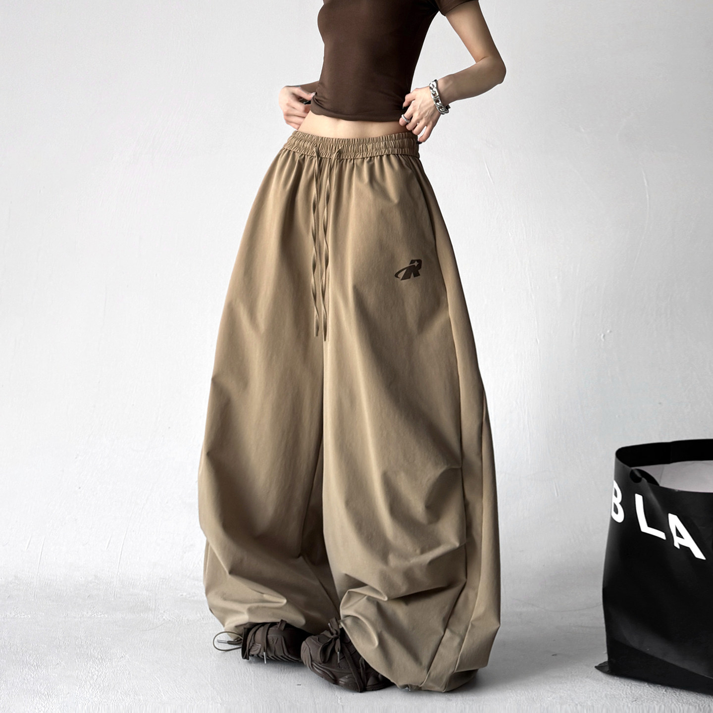 美式复古褶皱垂感松紧腰休闲裤男女宽松慵懒百搭纯色设计感拖地裤