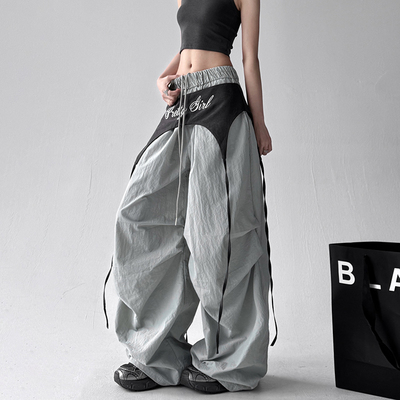 美式设计感撞色绑带弯刀裤女2025春夏季街头嘻哈跳舞裤子伞兵裤子